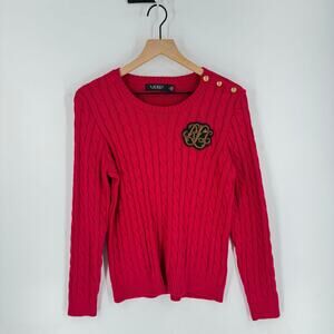 Lauren Ralph Lauren Red Cable Knit Sweater Gold Crest Logo Patch Size Large